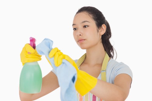 Professional upholstery cleaner working on a sofa